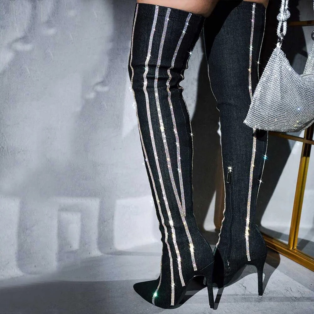 Cape Robbin🔥Black Stiletto Heel Rhinestone Striped Thigh Denim Boots for Women